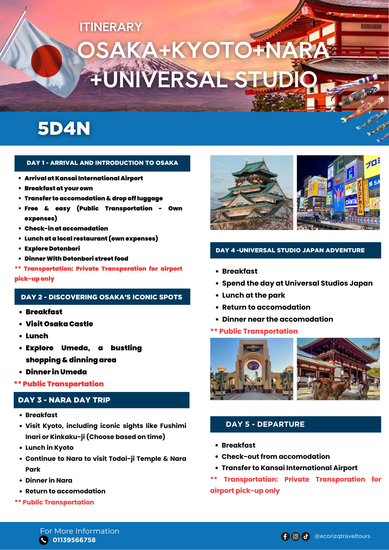 Osaka + Kyoto + Nara + Universal Studio (5D4N) Itinerary